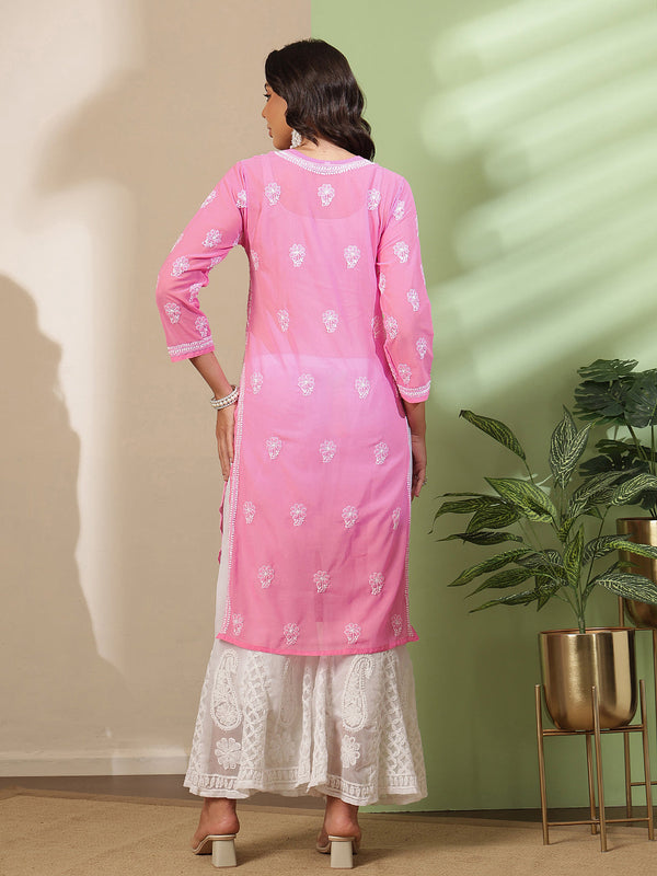 Ada Hand Embroidered Pink Georgette Lucknowi Chikankari Straight Kurta A411221
