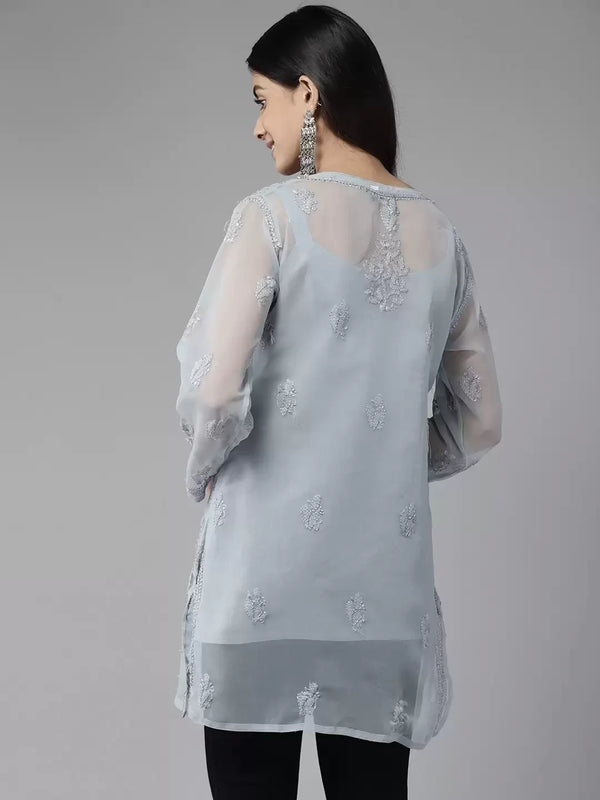 Ada Hand Embroidered Grey Georgette Lucknowi Chikankari Straight Kurti With Slip A911271