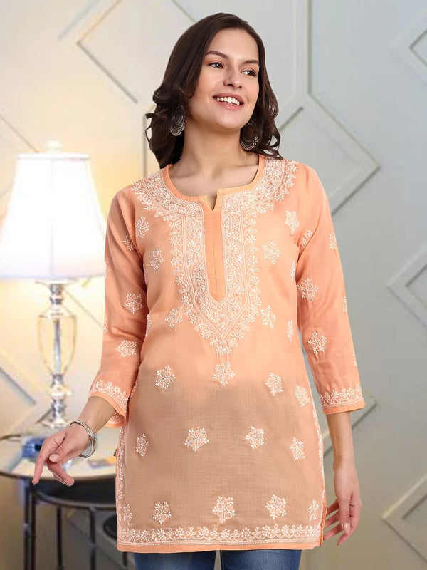 Ada Hand Embroidered Crayola Peach Cotton Lucknowi Chikankari Short Kurti A911334
