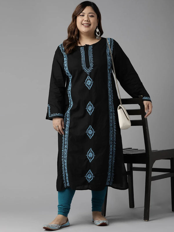 Ada Hand Embroidered Black Cotton Lucknowi Chikan Straight Kurta A411392