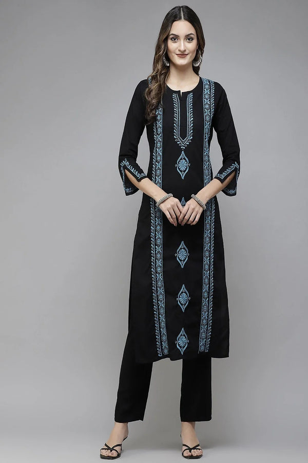 Ada Hand Embroidered Black Cotton Lucknowi Chikan Straight Kurta A411392