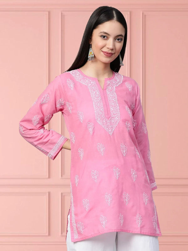 Ada Hand Embroidered Pink Cotton Lucknowi Chikankari Kurti A210943