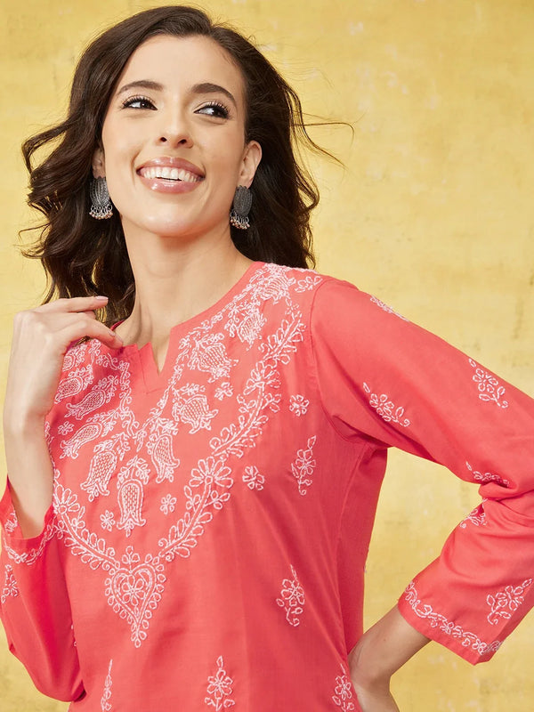 Ada Hand Embroidered Carrot Pink Cotton Lucknow Chikan Kurti -A534793