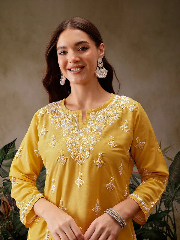 Ada Hand Embroidered Yellow Muslin Lucknowi Chikankari Short Kurti A911434