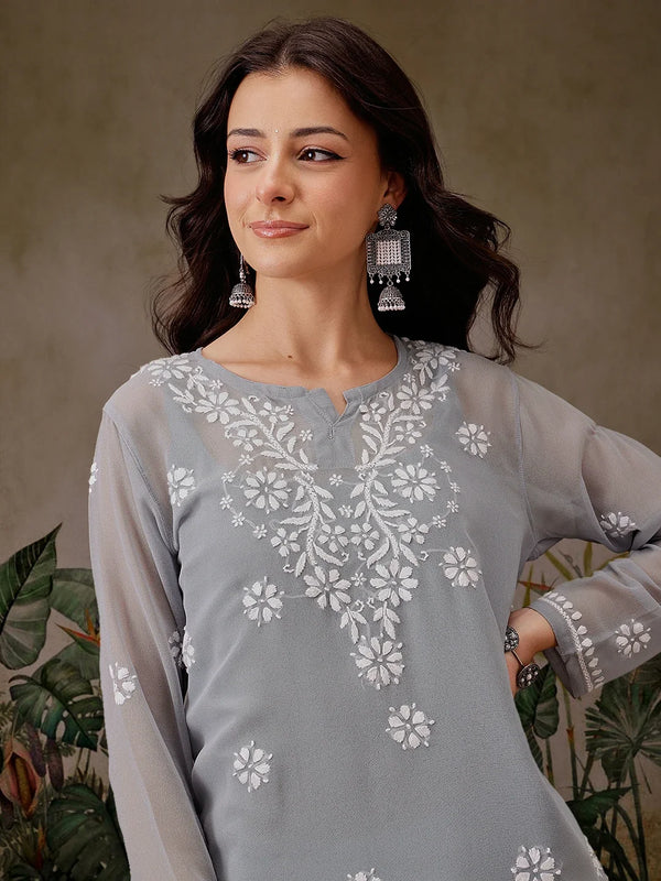 Ada Hand Embroidered Grey Georgette Lucknowi Chikankari Straight Kurti With Slip A911305