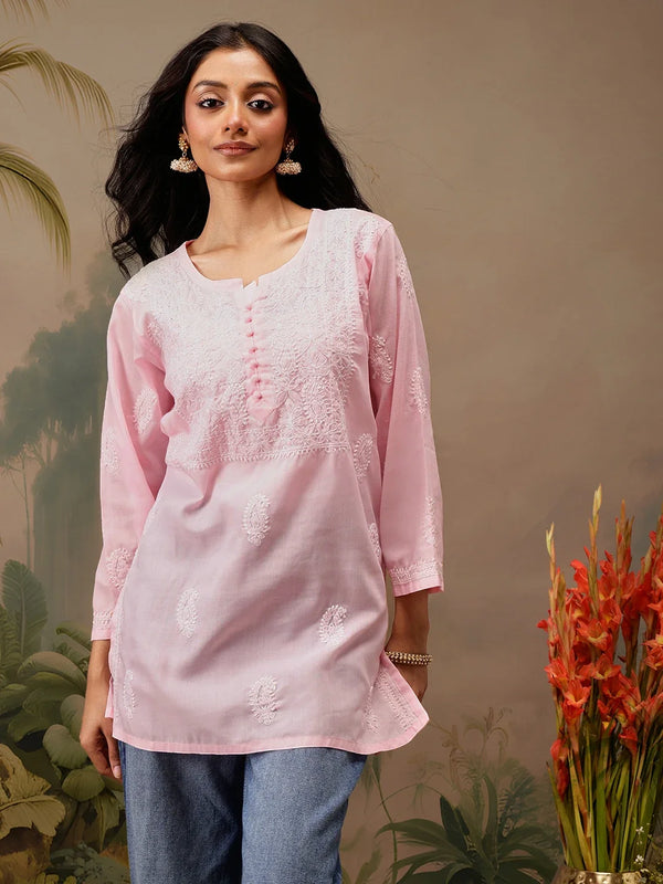 Ada Hand Embroidered Pink Cotton Lucknowi Chikankari Short Kurti A911460