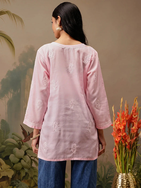 Ada Hand Embroidered Pink Cotton Lucknowi Chikankari Short Kurti A911460