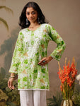 Ada Hand Embroidered Floral Printed Green Cotton Lucknowi Chikankari Short Kurti A911458