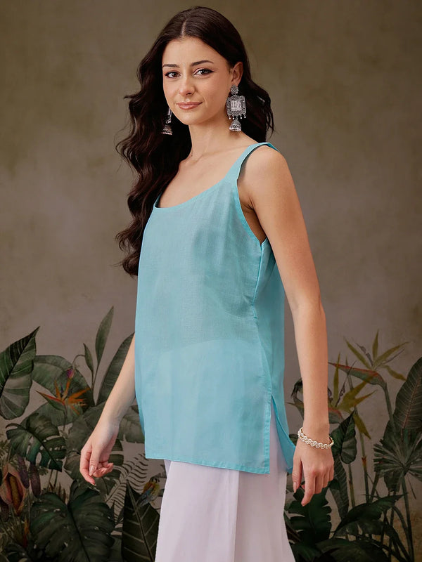 Ada Hand Embroidered Blue Georgette Lucknowi Chikankari Straight Kurti with slip A911299