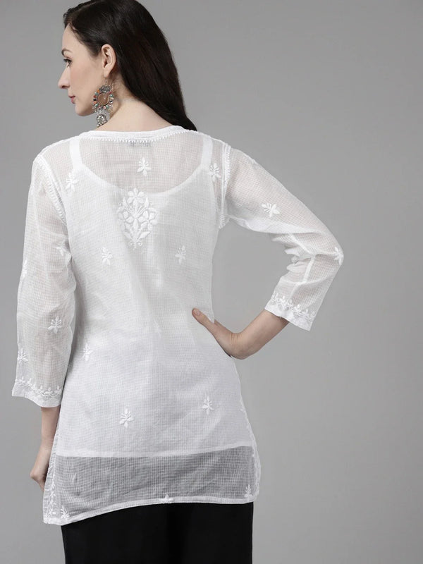 Ada Hand Embroidered White Kota Lucknowi Chikankari Short Kurti With Slip A911152