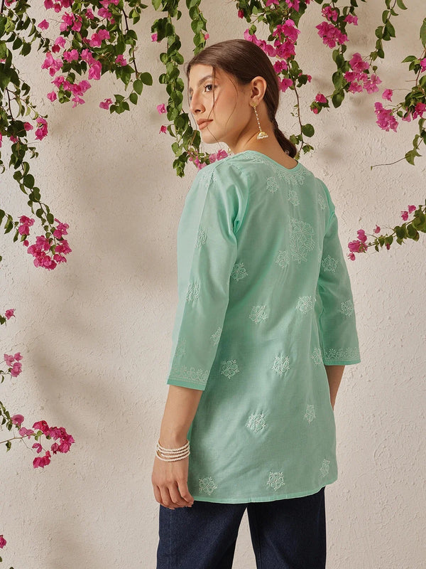 Ada Hand Embroidered Sea Green Cotton Lucknowi Chikankari Short Kurti A911324