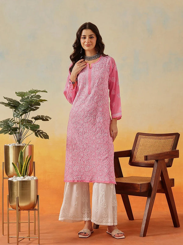 Ada Hand Embroidered Pink Georgette Lucknowi Chikankari Straight Kurta A95492