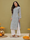Ada Hand Embroidered Grey Georgette Lucknowi Chikankari Straight Kurta With Slip A411132