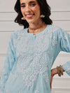 Ada Hand Embroidered Blue Cotton Lucknowi Chikankari Straight Kurta A411695