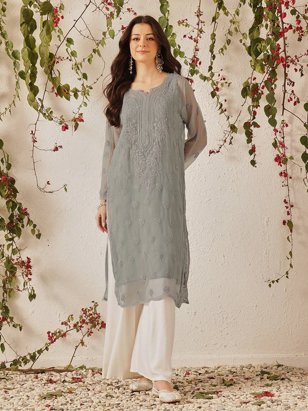 Ada Hand Embroidered Grey Georgette Lucknowi Chikankari Straight Kurta with Slip A130748