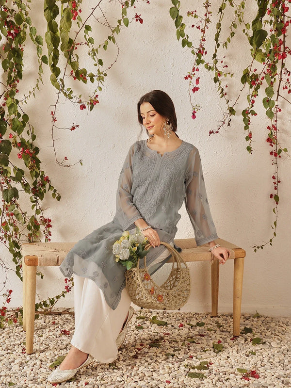 Ada Hand Embroidered Grey Georgette Lucknowi Chikankari Straight Kurta with Slip A130748