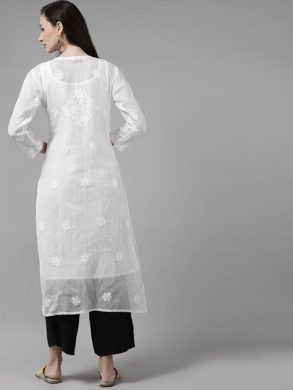 Ada Hand Embroidered WhiteKota Lucknow Chikankari Straight Kurta With Slip A411303
