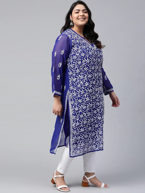 Ada Hand Embroidered Royal Blue Georgette Lucknowi Chikankari Straight Kurta with Slip A100347