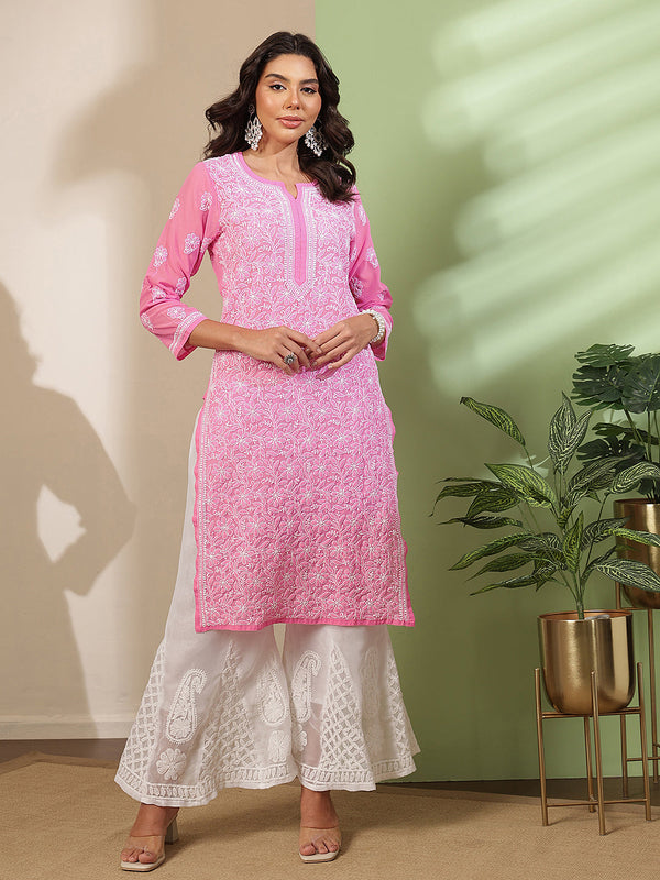 Ada Hand Embroidered Pink Georgette Lucknowi Chikankari Straight Kurta A411221