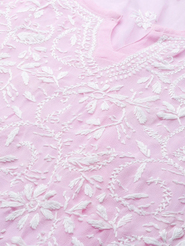 Ada Hand Embroidered Baby Pink Georgette Lucknowi Chikankari Straight Kurta with Slip A90410
