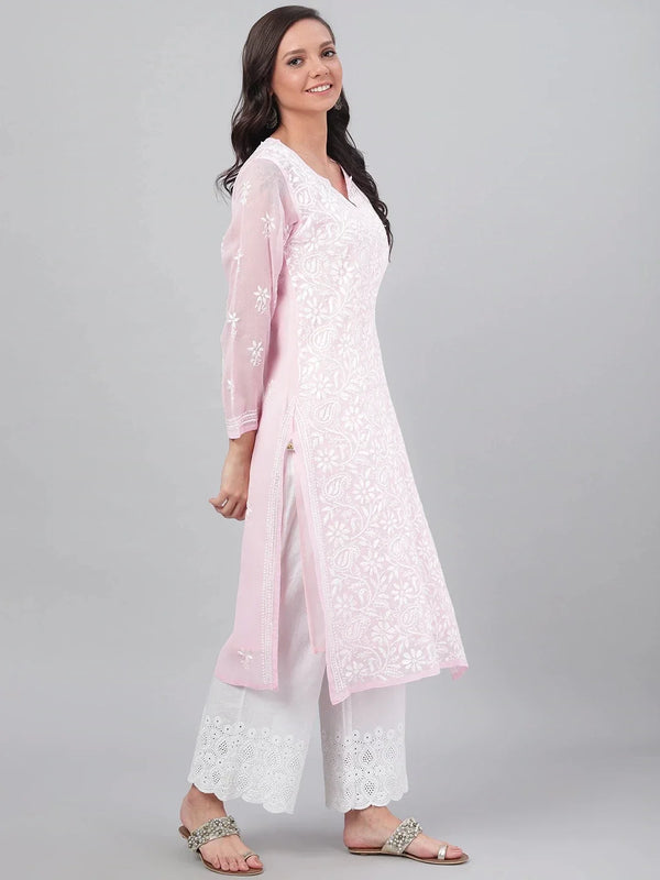Ada Hand Embroidered Baby Pink Georgette Lucknowi Chikankari Straight Kurta with Slip A90410