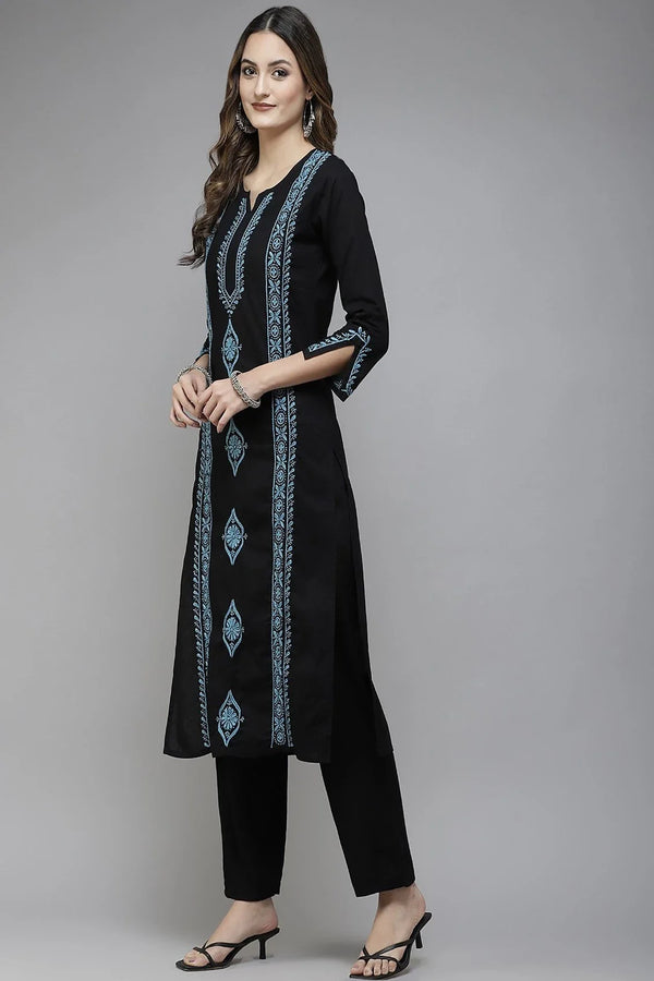 Ada Hand Embroidered Black Cotton Lucknowi Chikan Straight Kurta A411392
