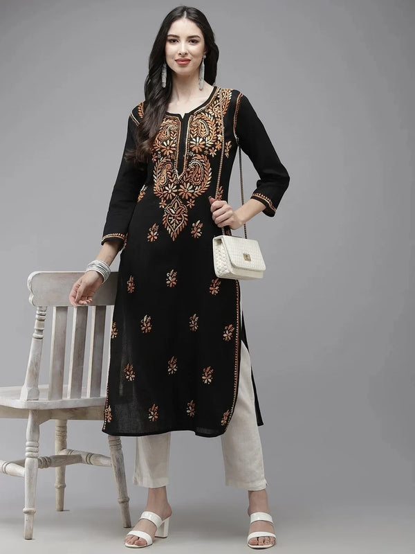 Ada Hand Embroidered Black Cotton Lucknow Chikankari Straight Kurta A411273