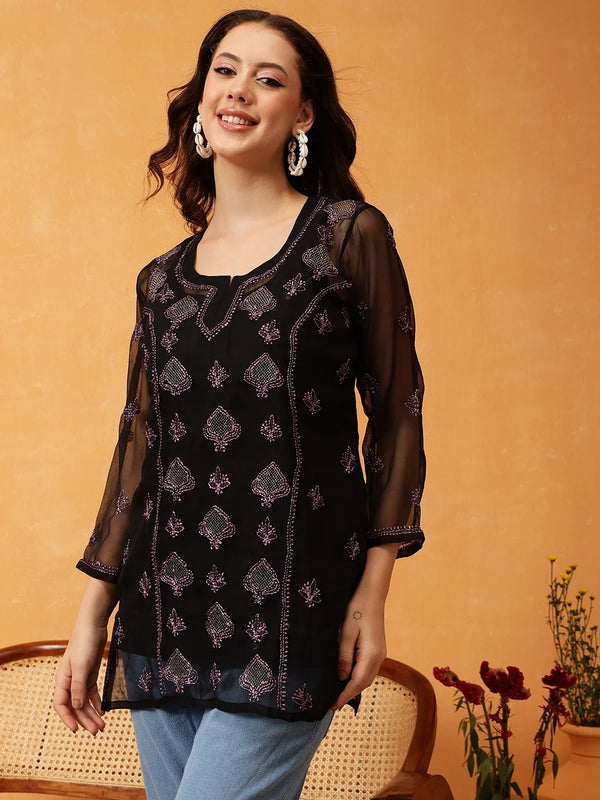 Ada Hand Embroidered Black & Mauve Georgette Lucknowi Chikankari Short Kurti With Slip A911415