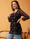 Ada Hand Embroidered Black & Mauve Georgette Lucknowi Chikankari Short Kurti With Slip A911415