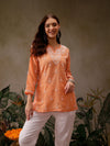 Ada Hand Embroidered Orange Muslin Lucknowi Chikankari Short Kurti A911431