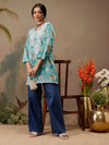 Ada Hand Embroidered Floral Printed Blue Cotton Lucknowi Chikankari Short Kurti A911454
