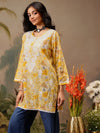 Ada Hand Embroidered Floral Printed Yellow Cotton Lucknowi Chikankari Short Kurti A911455