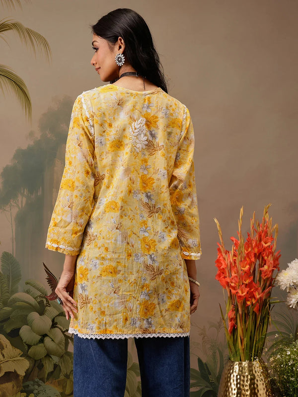 Ada Hand Embroidered Floral Printed Yellow Cotton Lucknowi Chikankari Short Kurti A911455