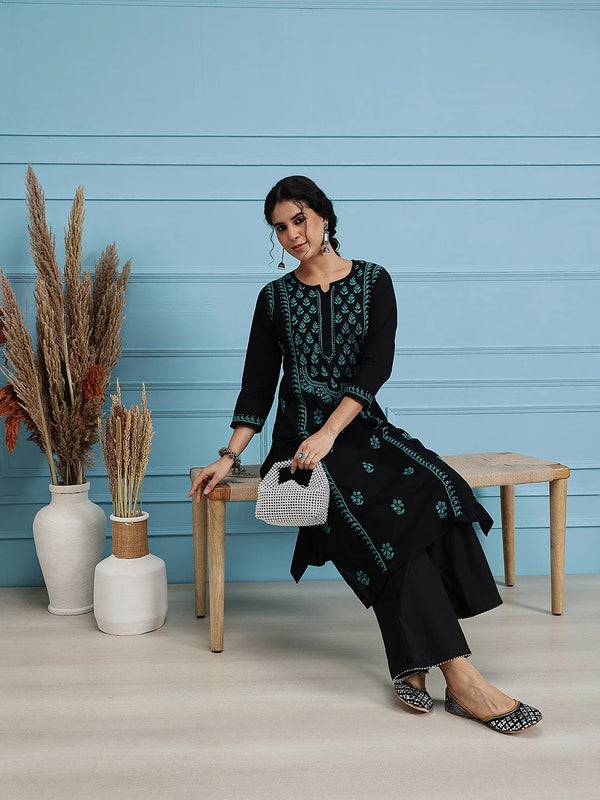 Ada Hand Embroidered Black Cotton Lucknowi Chikankari Straight Kurta A411768
