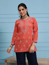 Ada Hand Embroidered Coral Red Cotton Lucknowi Chikankari Short Kurti A911387