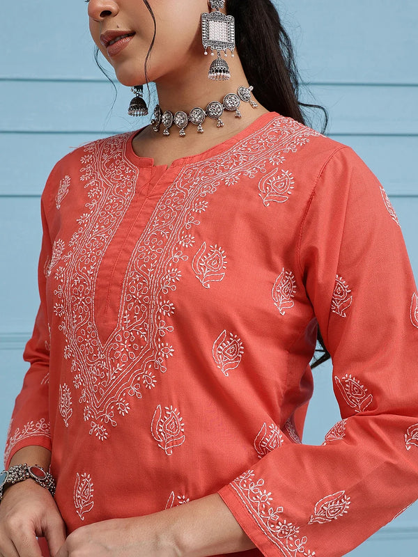 Ada Hand Embroidered Coral Red Cotton Lucknowi Chikankari Short Kurti A911387