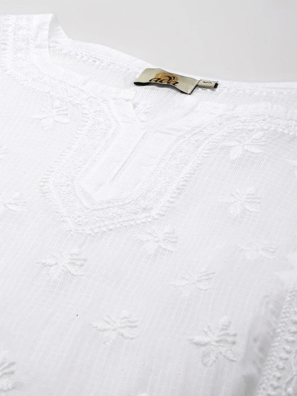 Ada Hand Embroidered White Kota Lucknowi Chikankari Short Kurti With Slip A911152