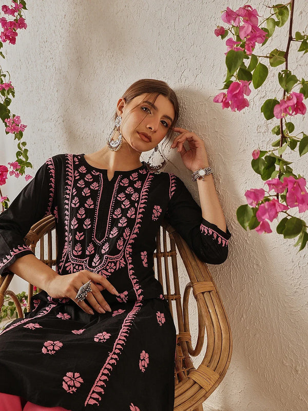 Ada Hand Embroidered Black Cotton Lucknowi Chikankari Straight Kurta A411771