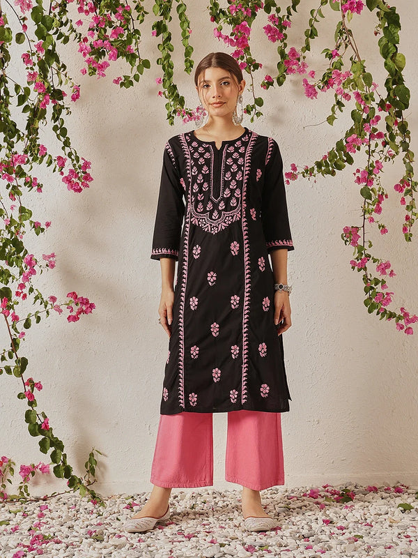 Ada Hand Embroidered Black Cotton Lucknowi Chikankari Straight Kurta A411771