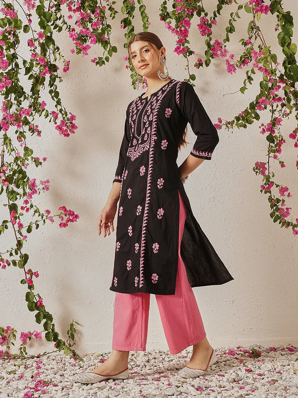 Ada Hand Embroidered Black Cotton Lucknowi Chikankari Straight Kurta A411771