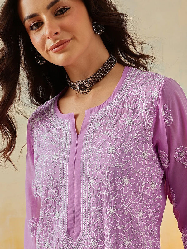 Ada Hand Embroidered Lavender Georgette Lucknowi Chikankari Straight Kurta A100286
