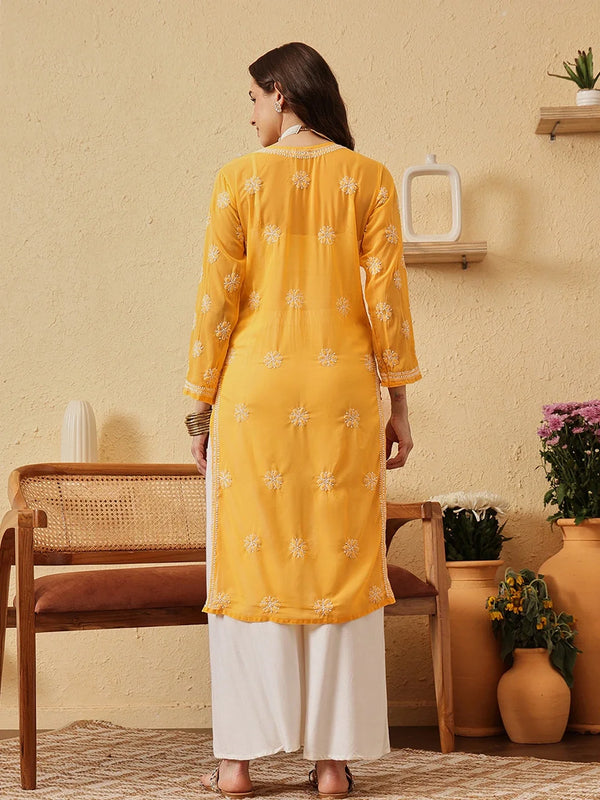 Ada Hand Embroidered Yellow Georgette Lucknowi Chikankari Straight Kurta A100288