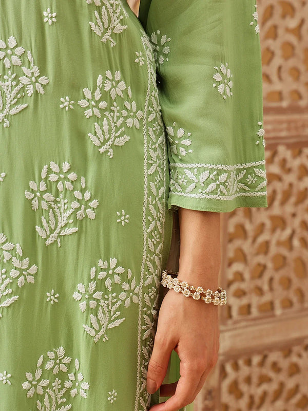 Ada Hand Embroidered Green Modal Lucknowi Chikankari Straight Kurta A411803