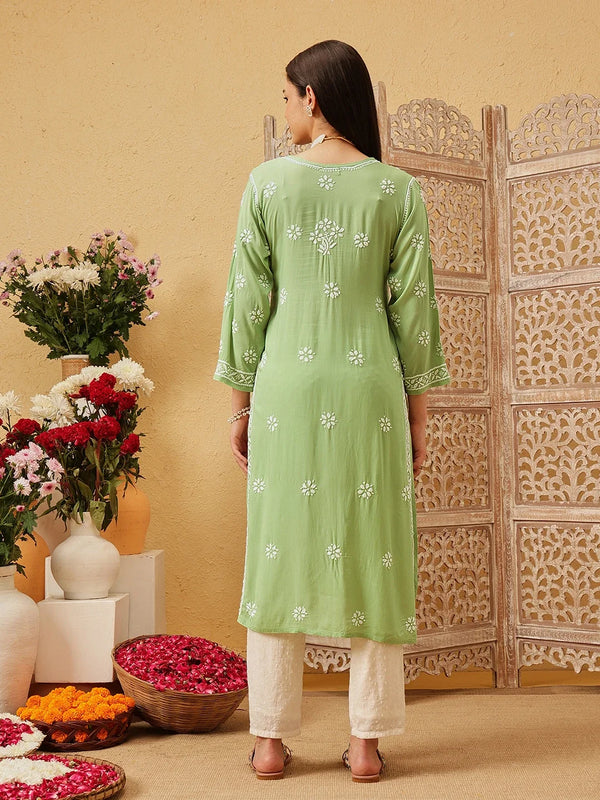 Ada Hand Embroidered Green Modal Lucknowi Chikankari Straight Kurta A411803