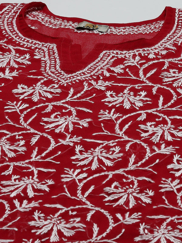 Ada Hand Embroidered Red Georgette Lucknowi Chikankari Straight Kurta with Slip A90361