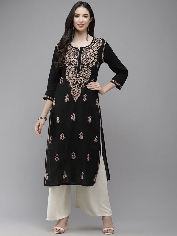 Ada Hand Embroidered Black Cotton Lucknow Chikankari Straight Kurta A411338
